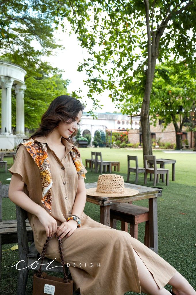 Đầm sơ mi suông vạt bầu linen tưng premium Cói Design