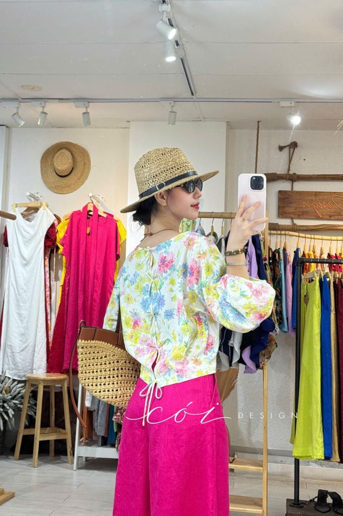 Áo tay phồng phối nơ lưng linen tưng premium Cói Design