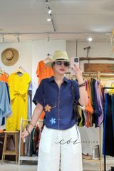 Áo sơ mi rút dây sườn phối hoa handmade linen tưng Cói Design