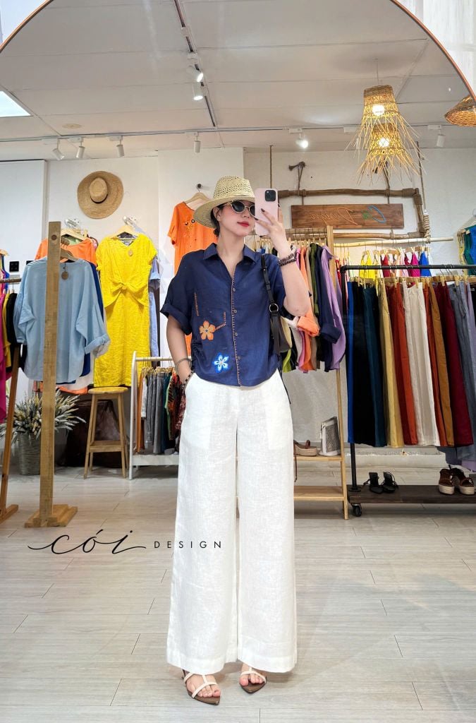 Áo sơ mi rút dây sườn phối hoa handmade linen tưng Cói Design