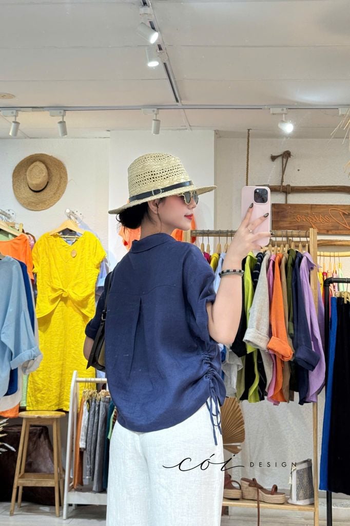 Áo sơ mi rút dây sườn phối hoa handmade linen tưng Cói Design