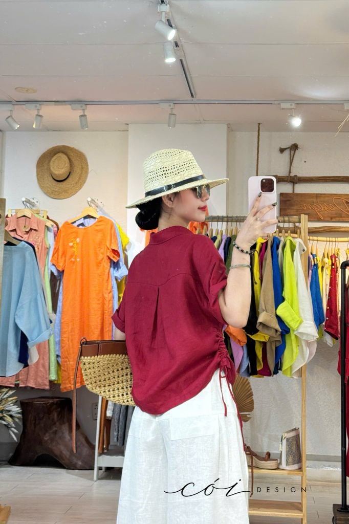 Áo sơ mi rút dây sườn phối hoa handmade linen tưng Cói Design