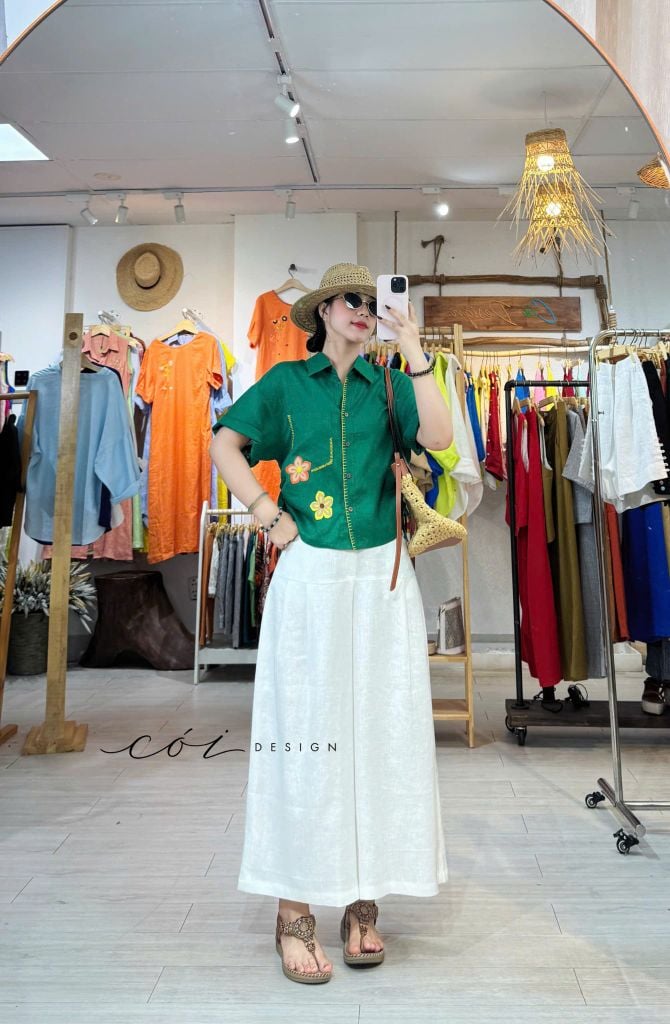 Áo sơ mi rút dây sườn phối hoa handmade linen tưng Cói Design