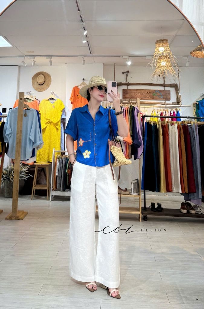 Áo sơ mi rút dây sườn phối hoa handmade linen tưng Cói Design