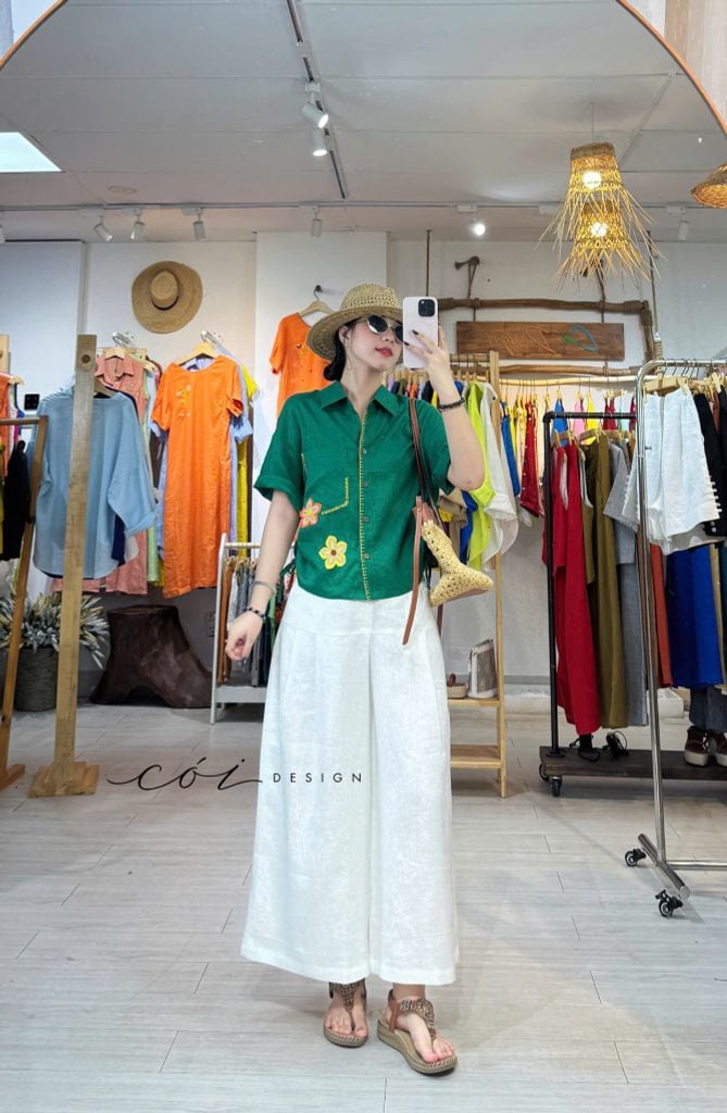 Áo sơ mi rút dây sườn phối hoa handmade linen tưng Cói Design