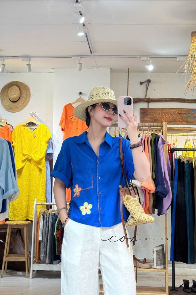 Áo sơ mi rút dây sườn phối hoa handmade linen tưng Cói Design