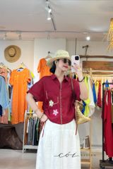 Áo sơ mi rút dây sườn phối hoa handmade linen tưng Cói Design