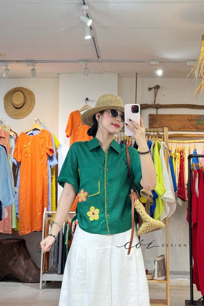 Áo sơ mi rút dây sườn phối hoa handmade linen tưng Cói Design
