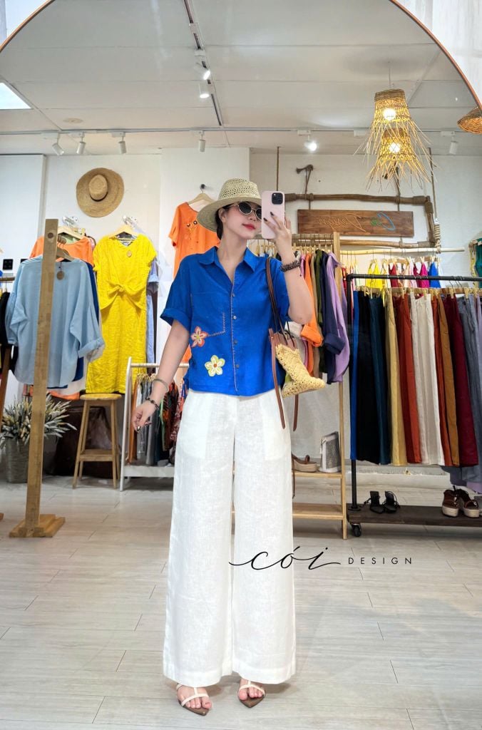 Áo sơ mi rút dây sườn phối hoa handmade linen tưng Cói Design