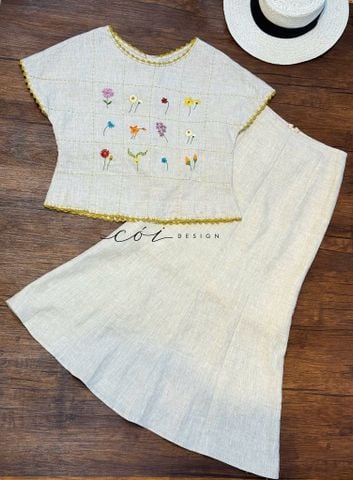 Áo thêu ô vuông viền sò tay ngắn linen tưng premium Cói Design