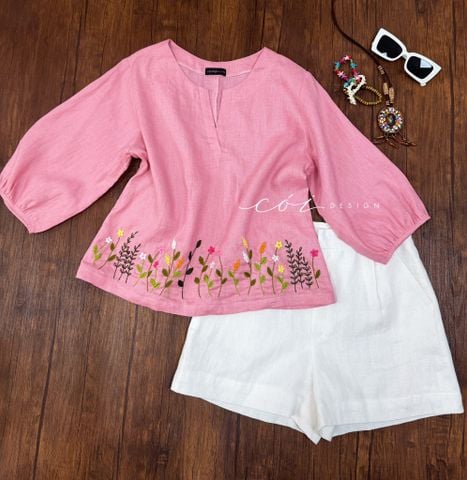 Áo cổ xẻ tay phồng thêu chân áo linen tưng premium Cói Design