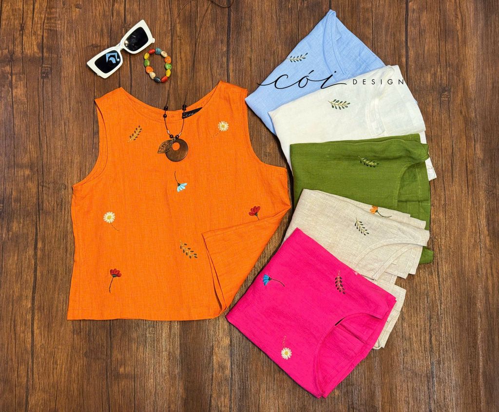 Áo thêu sát nách nút bọc Hoa Gió linen tưng premium Cói Design