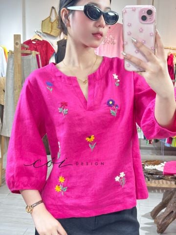 Áo cổ xẻ tay phồng thêu hoa rơi linen tưng premium Cói Design