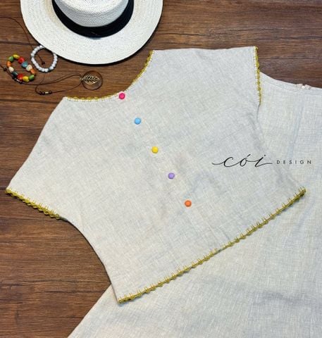 Áo thêu ô vuông viền sò tay ngắn linen tưng premium Cói Design