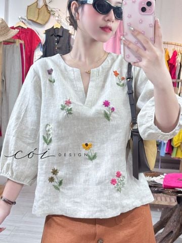 Áo cổ xẻ tay phồng thêu hoa rơi linen tưng premium Cói Design