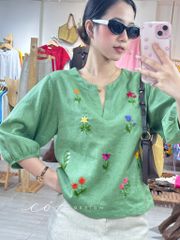 Áo cổ xẻ tay phồng thêu hoa rơi linen tưng premium Cói Design