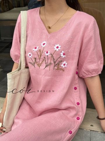 Đầm cổ tim nút bọc thêu hoa linen tưng premium Cói Design