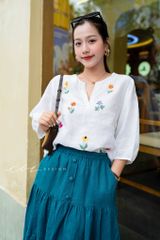 Áo cổ xẻ tay phồng thêu hoa rơi linen tưng premium Cói Design