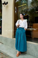 Áo cổ xẻ tay phồng thêu hoa rơi linen tưng premium Cói Design