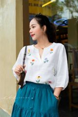 Áo cổ xẻ tay phồng thêu hoa rơi linen tưng premium Cói Design