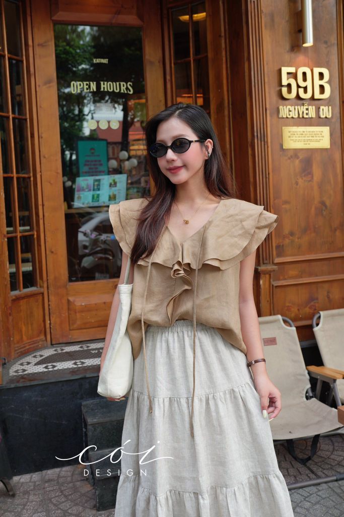 Áo cổ phối bèo linen tưng premium Cói Design