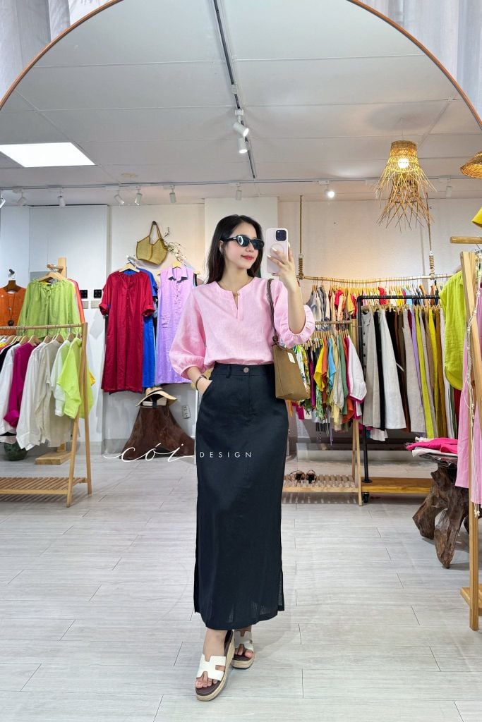 Áo cổ xẻ tròn tay phồng linen tưng premium Cói Design