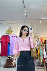 Áo cổ xẻ tròn tay phồng linen tưng premium Cói Design