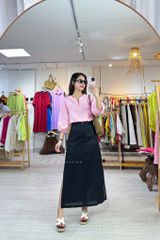 Áo cổ xẻ tròn tay phồng linen tưng premium Cói Design