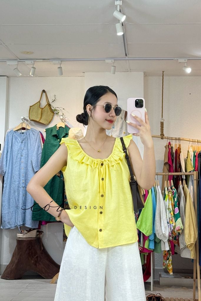 Áo cổ bèo nút dừa linen tưng premium Cói Design