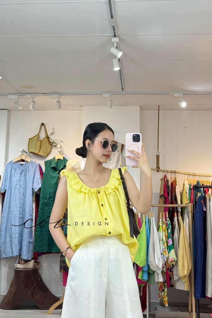 Áo cổ bèo nút dừa linen tưng premium Cói Design