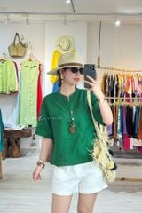 Áo cổ trụ tay ngắn nút bọc màu linen Tưng Cói Design