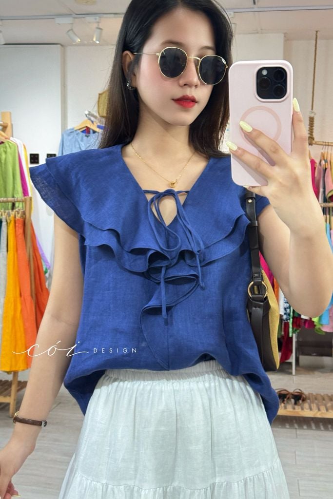 Áo cổ phối bèo linen tưng premium Cói Design