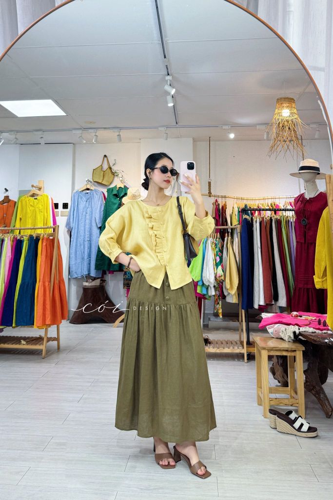 Áo tay phồng phối bèo linen tưng premium Cói Design