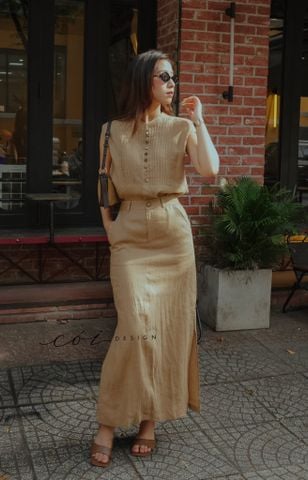 Áo sát nách xếp ly cổ trụ linen tưng premium Cói Design