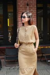 Áo sát nách xếp ly cổ trụ linen tưng premium Cói Design