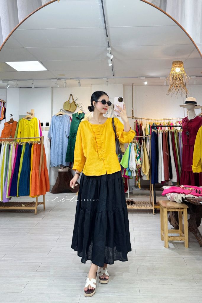 Áo tay phồng phối bèo linen tưng premium Cói Design