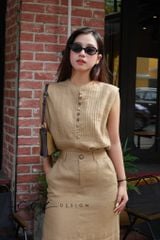 Áo sát nách xếp ly cổ trụ linen tưng premium Cói Design