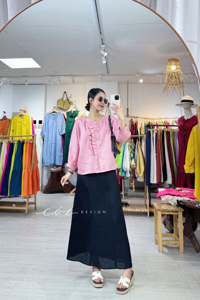 Áo tay phồng phối bèo linen tưng premium Cói Design