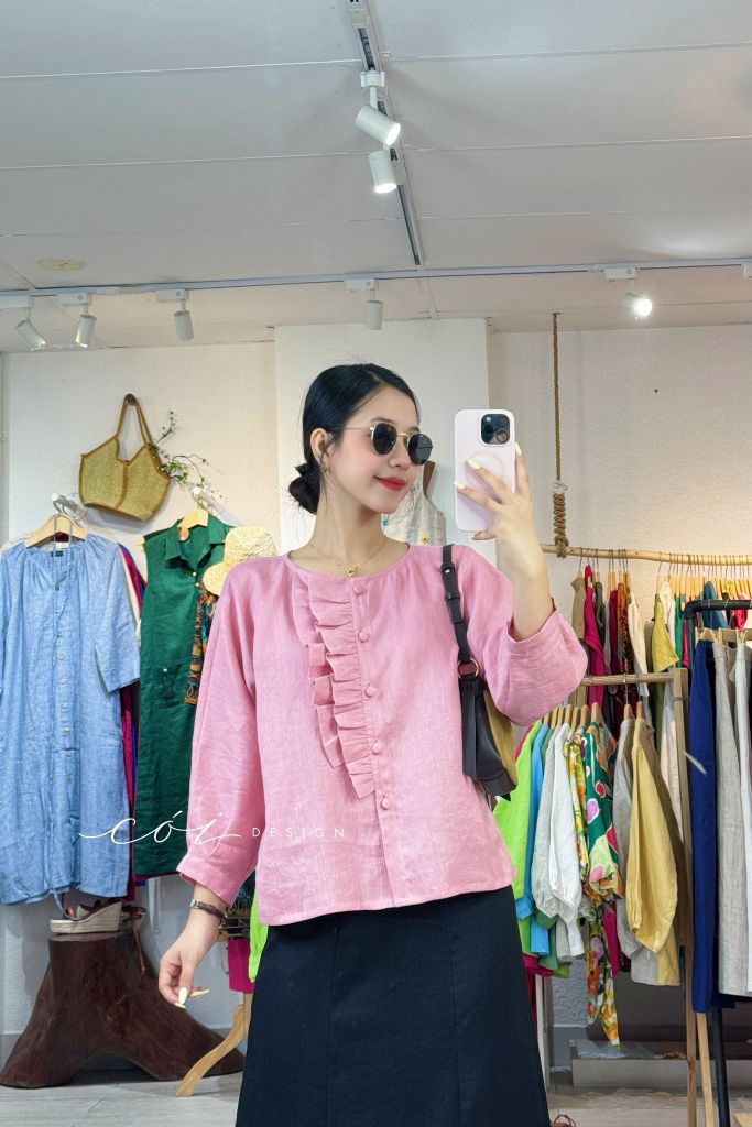 Áo tay phồng phối bèo linen tưng premium Cói Design
