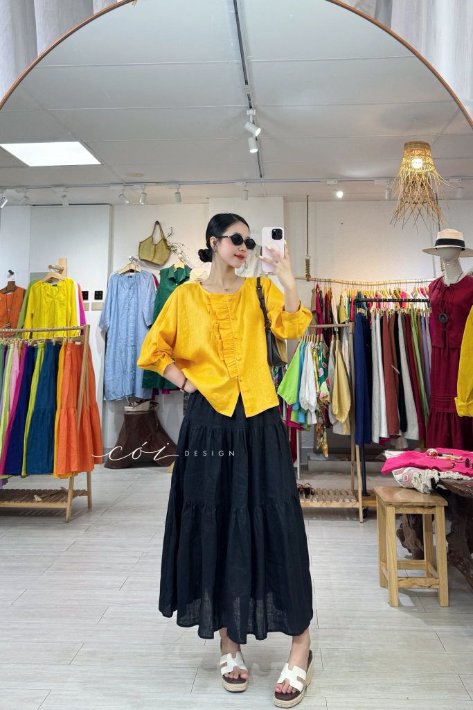 Áo tay phồng phối bèo linen tưng premium Cói Design
