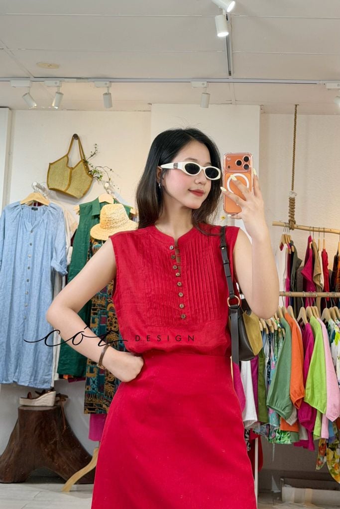 Áo sát nách xếp ly cổ trụ linen tưng premium Cói Design