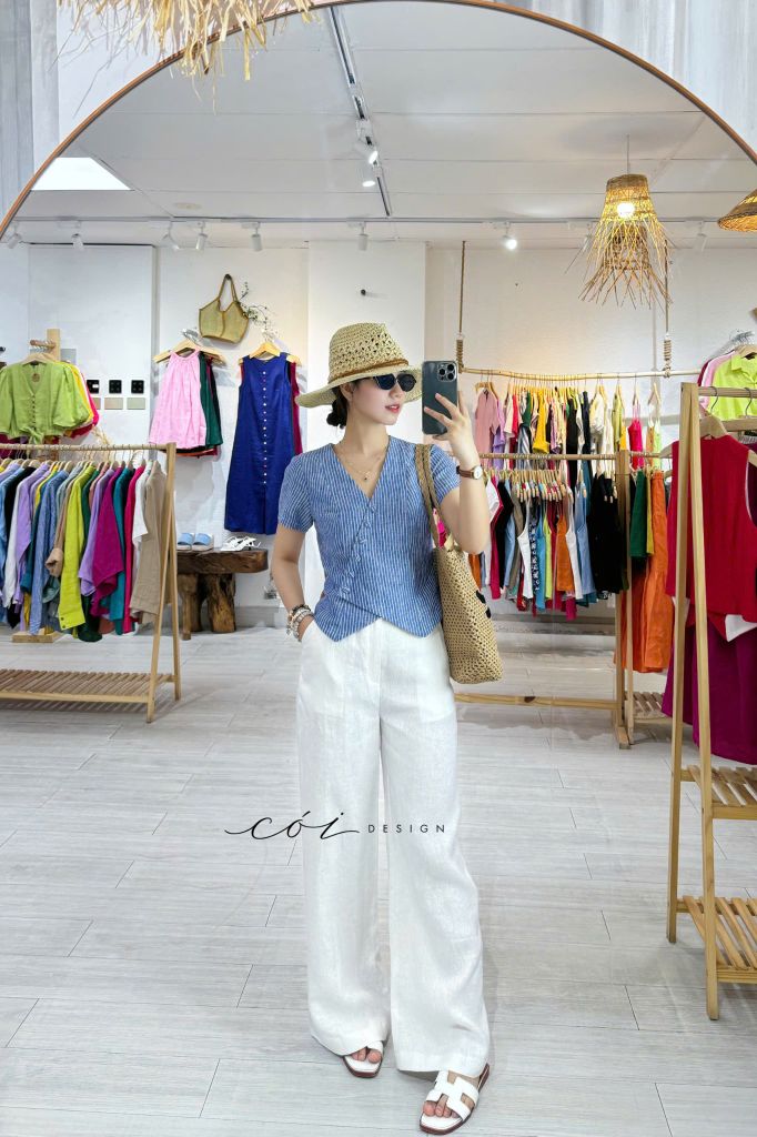Áo gile xéo nút tay ngắn linen tưng premium Cói Design