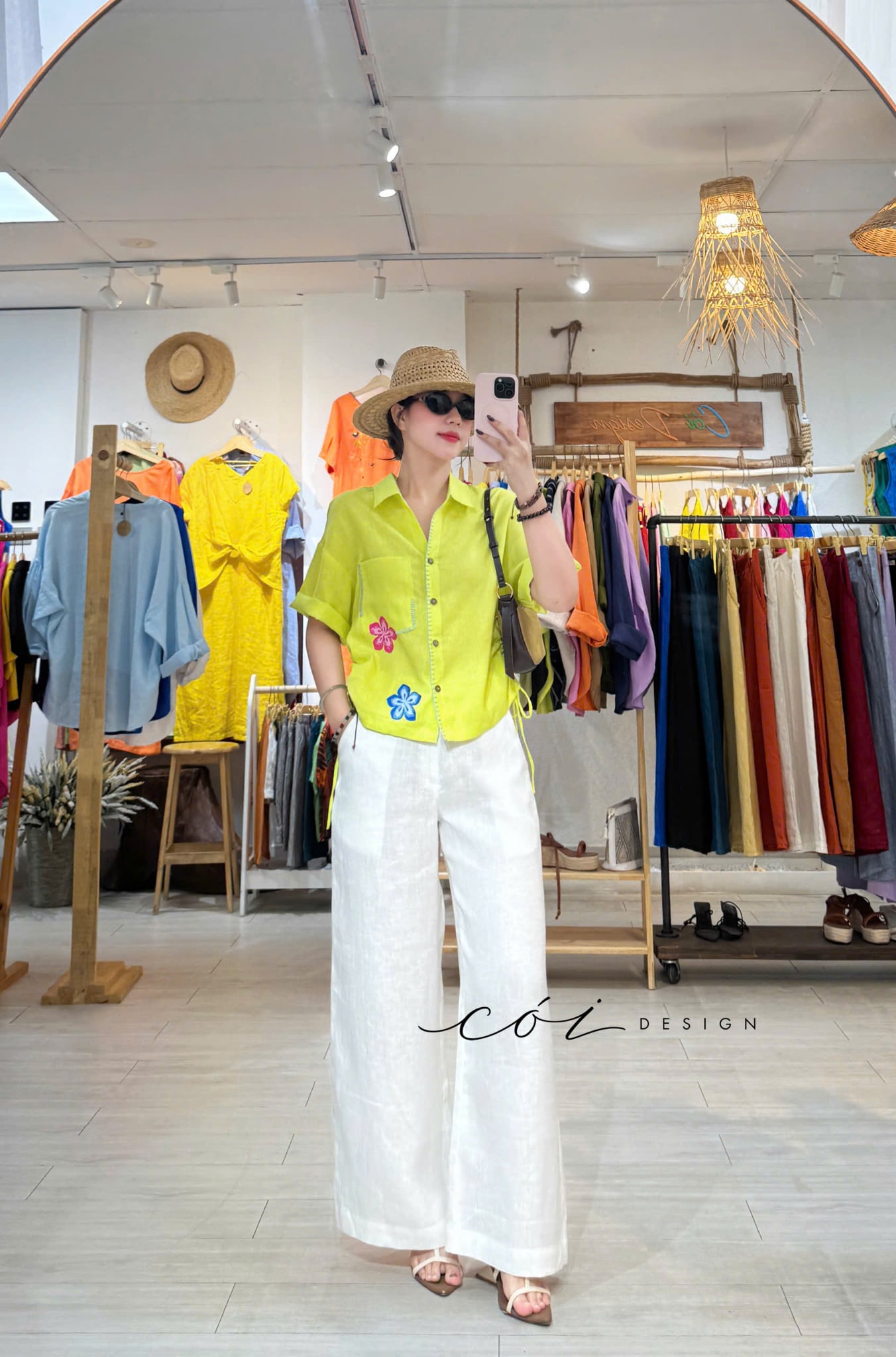 Áo sơ mi rút dây sườn phối hoa handmade linen tưng Cói Design