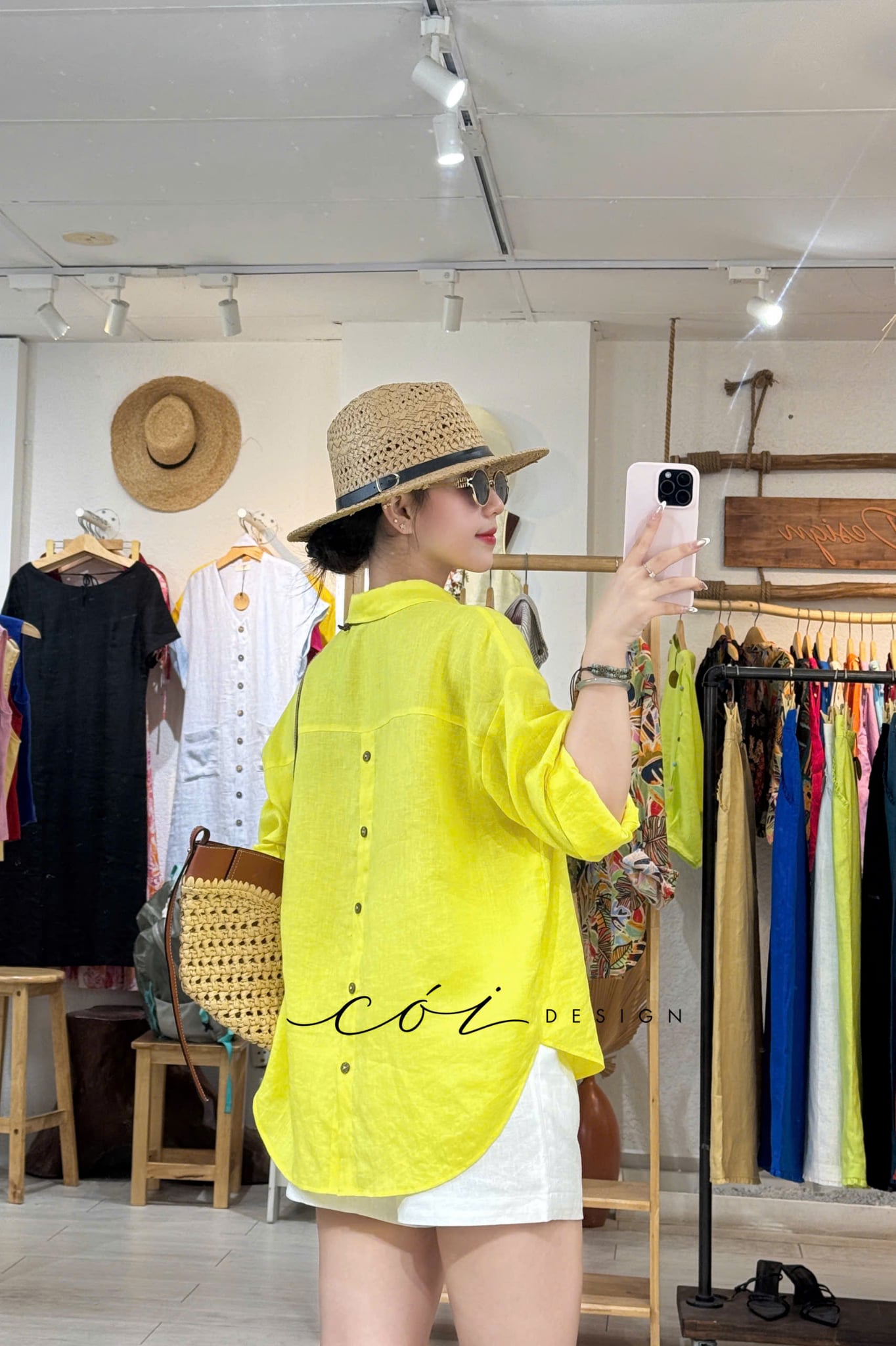 Áo sơ mi thêu hoa Họa mi vàng linen tưng premium Cói Design