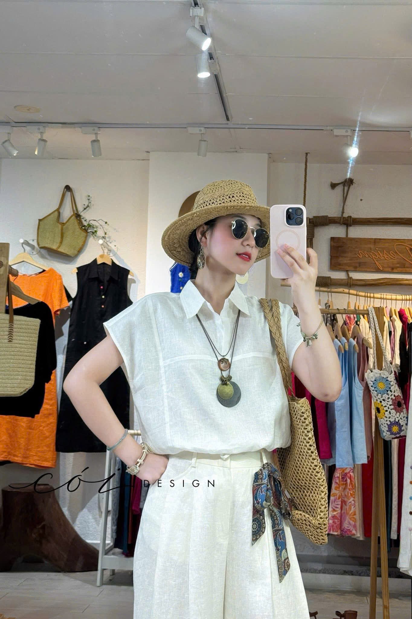 Áo cổ sơ mi phối dây linen tưng premium Cói Design
