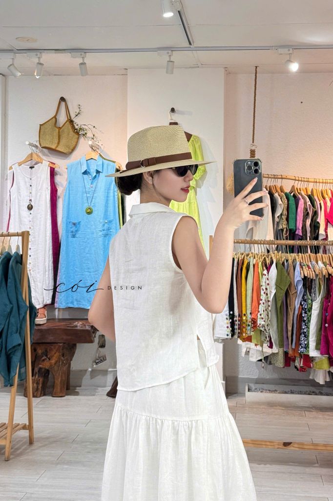 Chân váy 1 tầng nút bọc linen tưng premium Cói Design