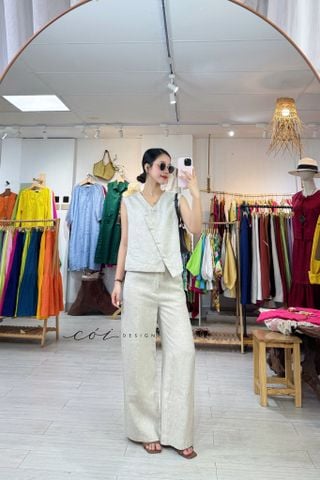 Áo sát nách vạt chéo nút lệch linen tưng premium Cói Design