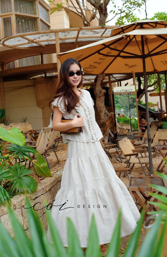 Áo cổ nhún bèo dọc linen tưng premium Cói Design