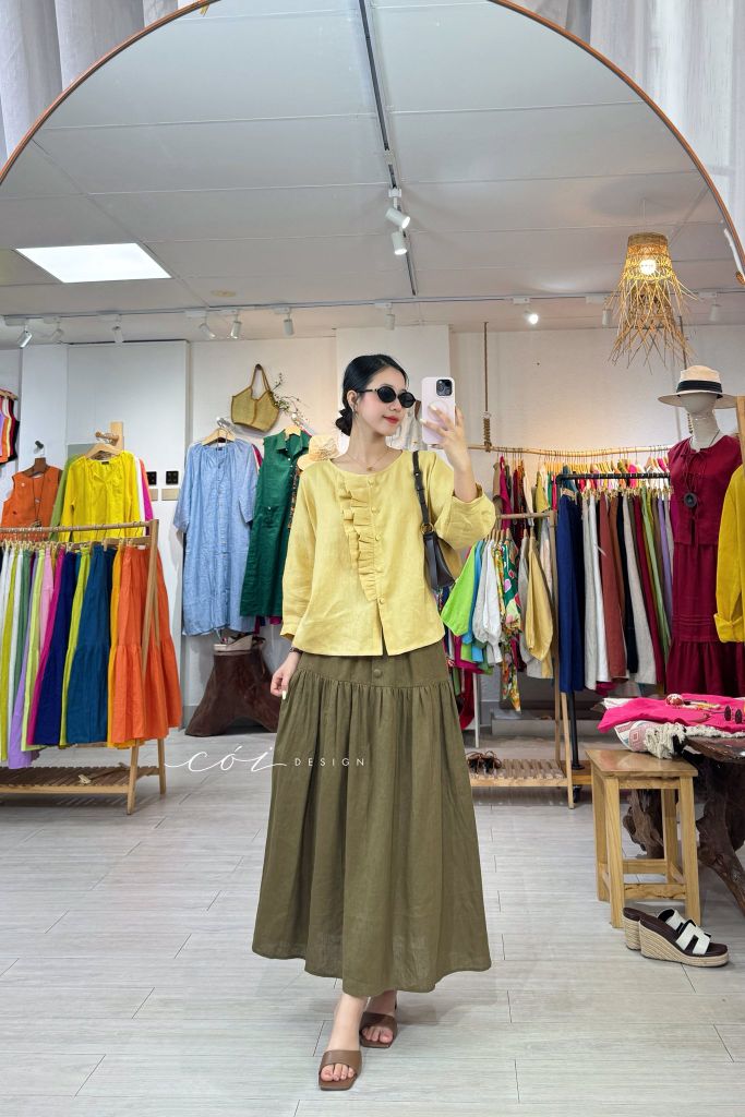 Áo tay phồng phối bèo linen tưng premium Cói Design