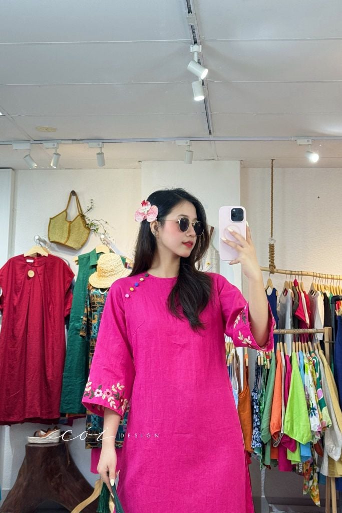 Áo dài thêu tay Song Hoa Linen tưng premium Cói Design